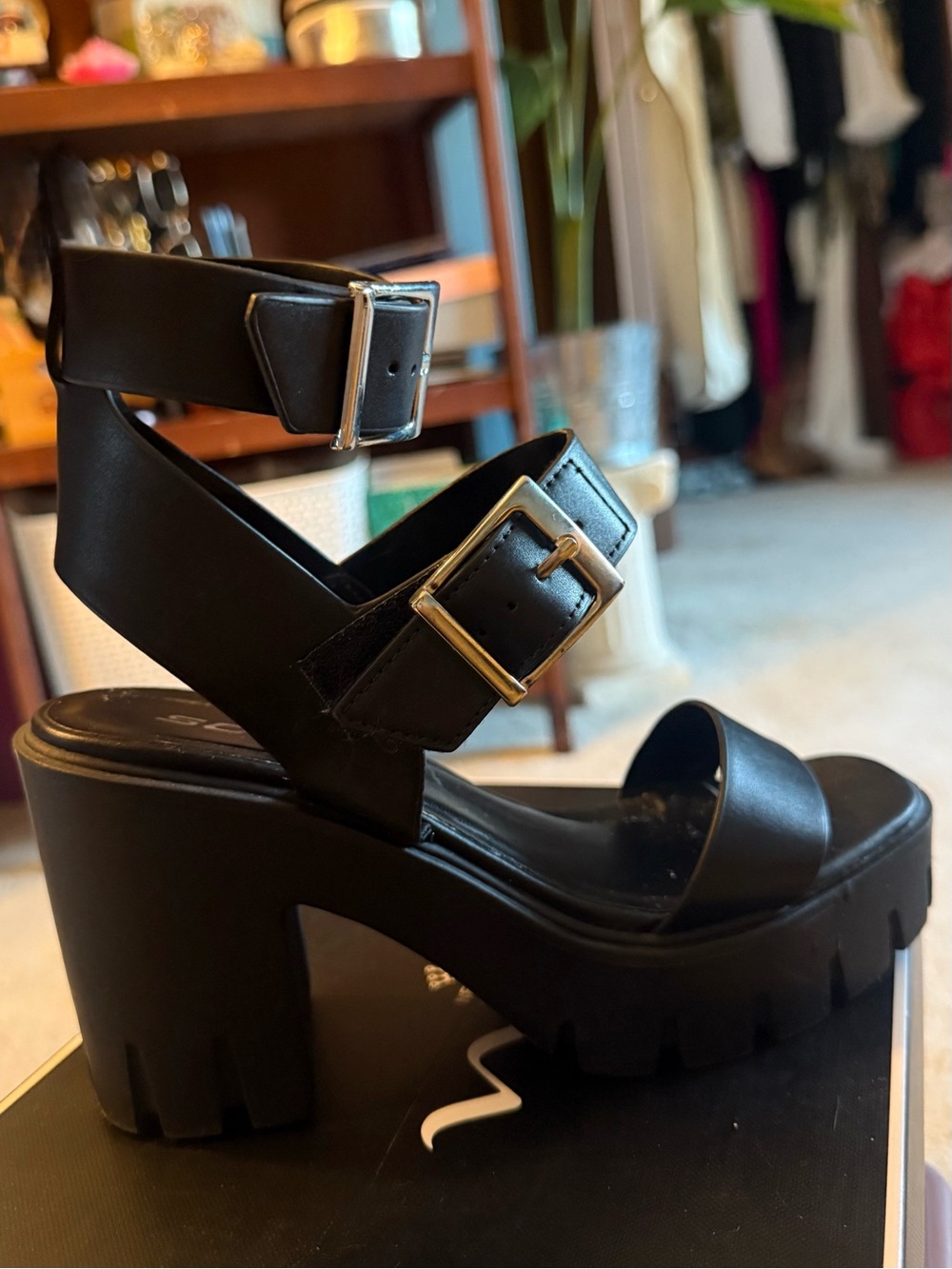 Soda Black Chunky Platform Sandals with Silver Buckles